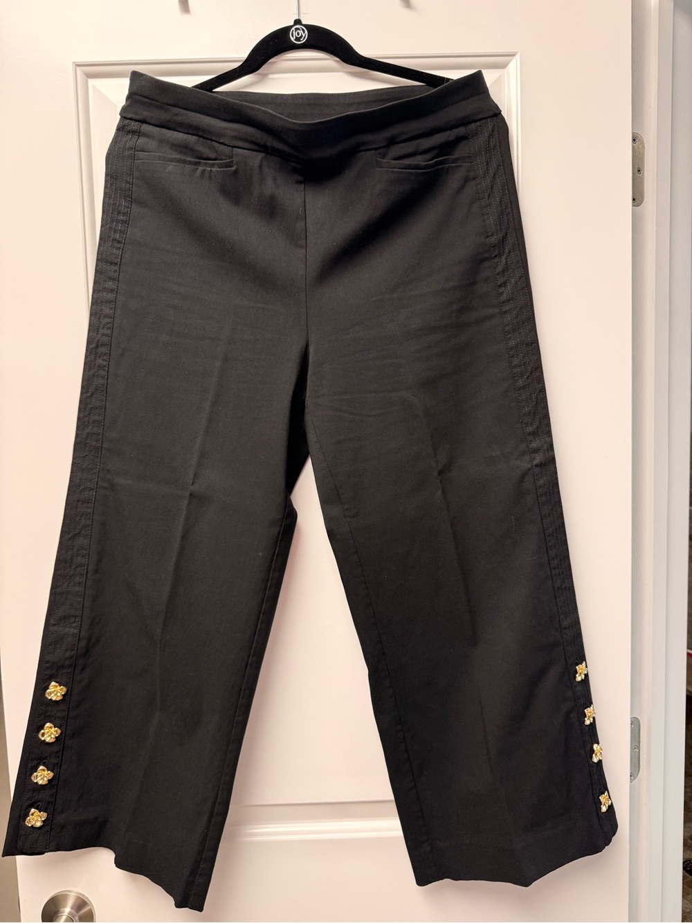 Chico's Black Wide-Leg Cropped Pants with Gold Button Accents